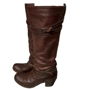 Frye Jane Strappy Dark Brown Knee High Heeled Boots Size 6.5