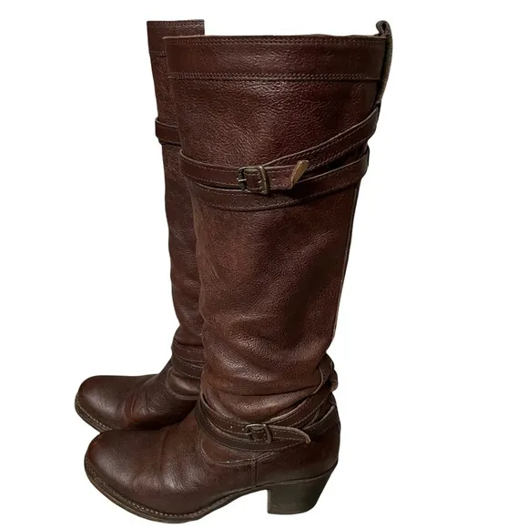 Frye Jane Strappy Dark Brown Knee High Heeled Boots Size 6.5