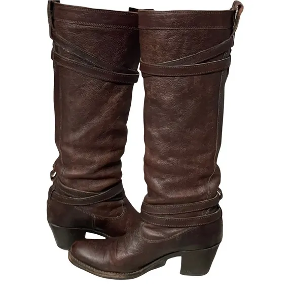 Frye Jane Strappy Dark Brown Knee High Heeled Boots Size 6.5