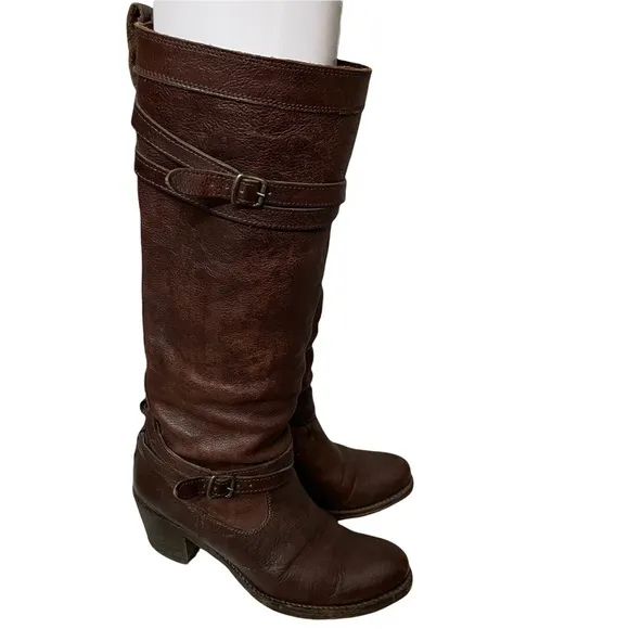 Frye Jane Strappy Dark Brown Knee High Heeled Boots Size 6.5