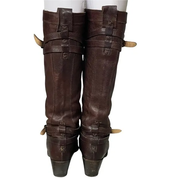 Frye Jane Strappy Dark Brown Knee High Heeled Boots Size 6.5