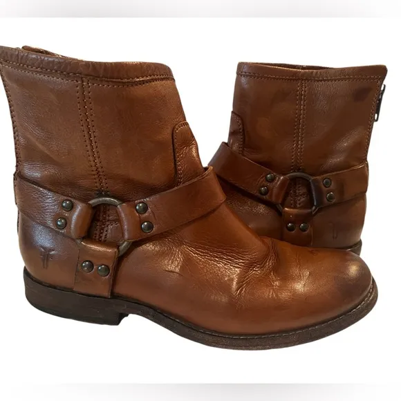 FRYE Philip Harness Leather,  Back Zip Ankle Boots Brown Women's Size 7