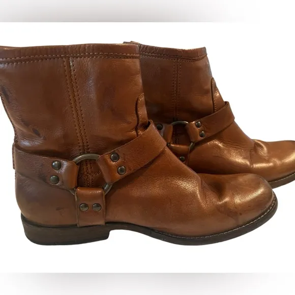 FRYE Philip Harness Leather,  Back Zip Ankle Boots Brown Women's Size 7