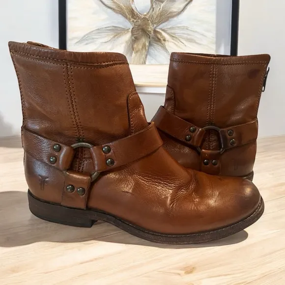 FRYE Philip Harness Leather,  Back Zip Ankle Boots Brown Women's Size 7