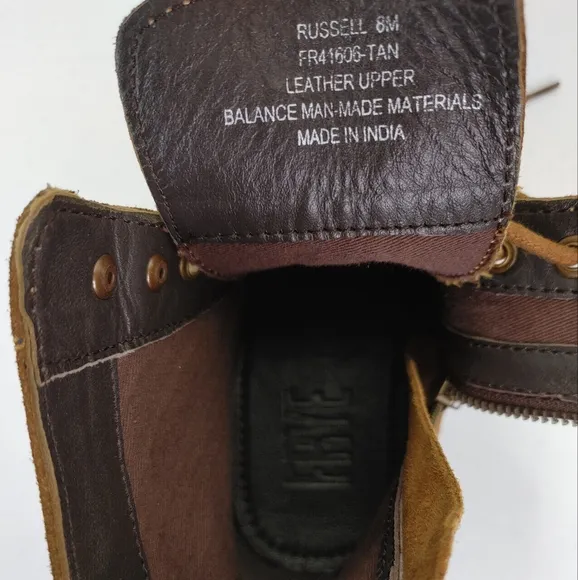 Frye Russell Tan Leather Suede Cap Toe Boots Lace / Side Zip Closure Sz …