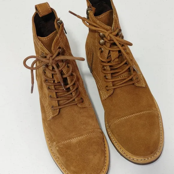 Frye Russell Tan Leather Suede Cap Toe Boots Lace / Side Zip Closure Sz …
