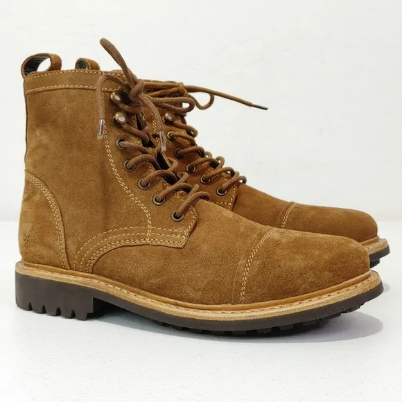 Frye Russell Tan Leather Suede Cap Toe Boots Lace / Side Zip Closure Sz …