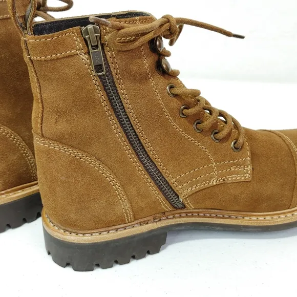 Frye Russell Tan Leather Suede Cap Toe Boots Lace / Side Zip Closure Sz …