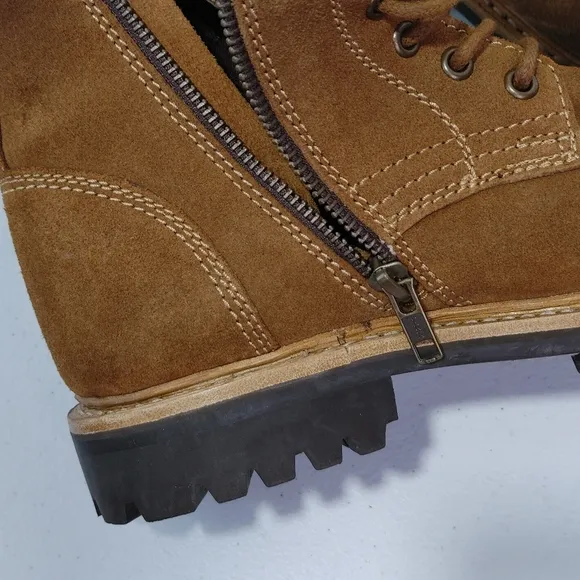 Frye Russell Tan Leather Suede Cap Toe Boots Lace / Side Zip Closure Sz …