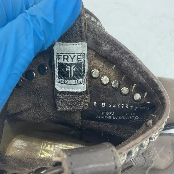 Frye Vintage Diana Studded Women's Brown Leather Biker Boots Size 6B Preowned