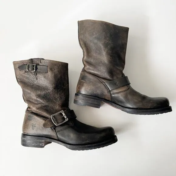 Frye Veronica Short Slouchy Brown Leather Boots Biker Moto Ankle Womens Size 6.5