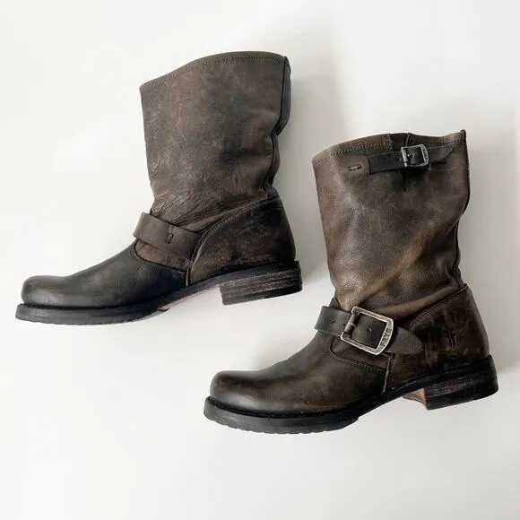 Frye Veronica Short Slouchy Brown Leather Boots Biker Moto Ankle Womens Size 6.5