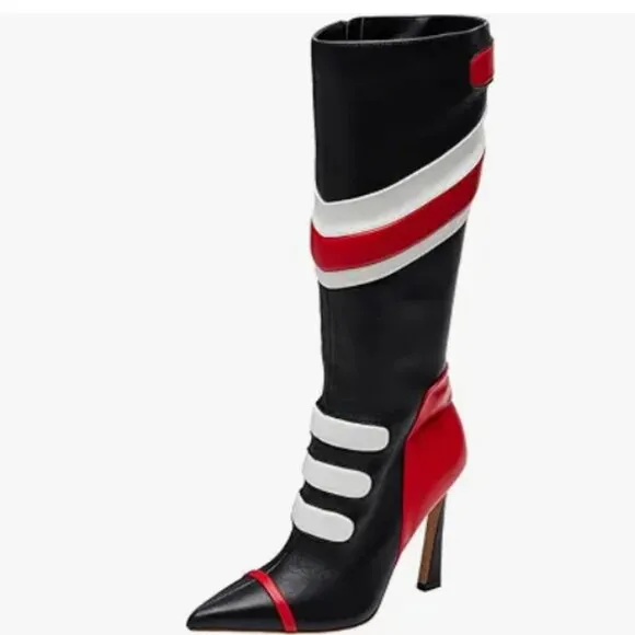 FSJ Red Multicolor Knee High Boots Pointed Toe Tall High Heel Side Zip Long Boot