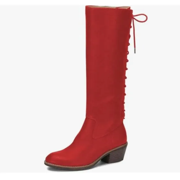 FSJ Red Retro Knee High Combat Boots Stacked Block Heels Almond Toe Zipper Boots