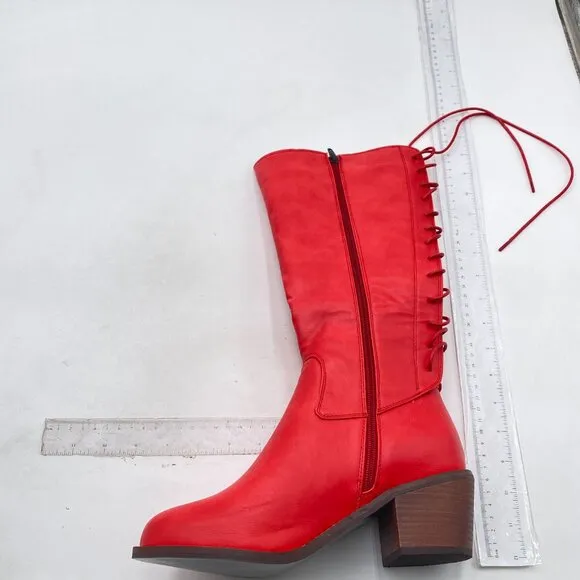 FSJ Red Retro Knee High Combat Boots Stacked Block Heels Almond Toe Zipper Boots