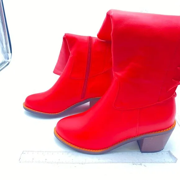 FSJ Red Retro Knee High Combat Boots Stacked Block Heels Almond Toe Zipper Boots