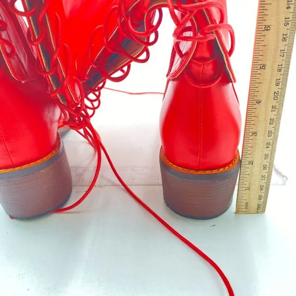 FSJ Red Retro Knee High Combat Boots Stacked Block Heels Almond Toe Zipper Boots