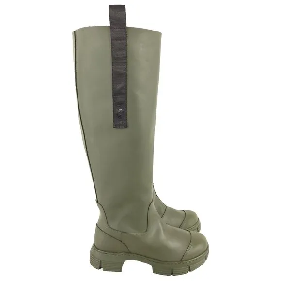 Ganni Round Toe Knee-High Boots Size 37 US 7 Green $375