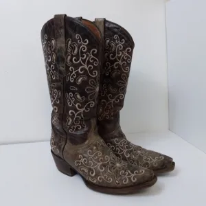 Golden Guns Brown Floral Embroidered Leather Cowboy Boots - Snip Toe