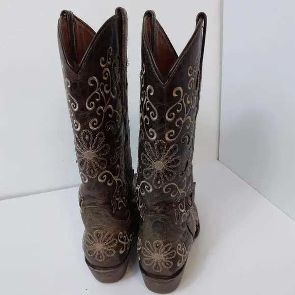 Golden Guns Brown Floral Embroidered Leather Cowboy Boots - Snip Toe