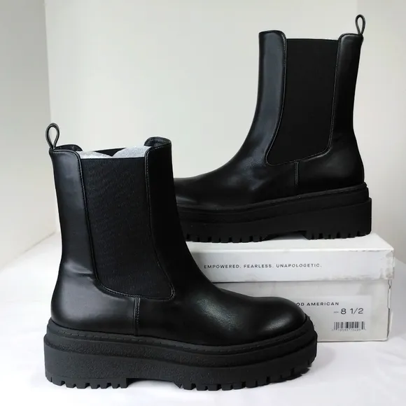 Good American Chelsea Black Leather Pull-on Chunky Platform Combat Boots NIB