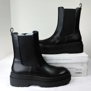 Good American Chelsea Black Leather Pull-on Chunky Platform Combat Boots NIB
