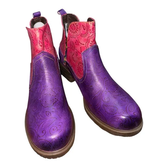 Gracosy Women 8.5 39 Leather Block Heel Ankle Boots Handmade Multicolor w/Zipper