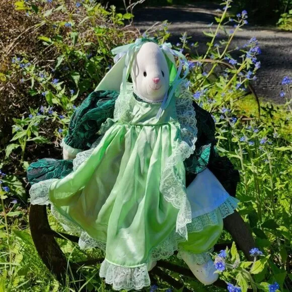 Handmade Bunny Rabbit Wearing Fancy Green‎ Dress with Pinafore &amp; Shoes 20 Inch