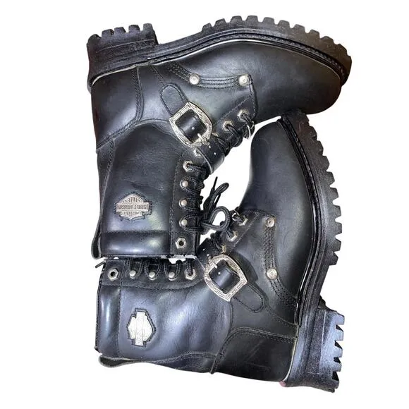 Harley Davidson Faded Glory Black Leather Moto Boots Vtg 1990s Style womens Sz 9