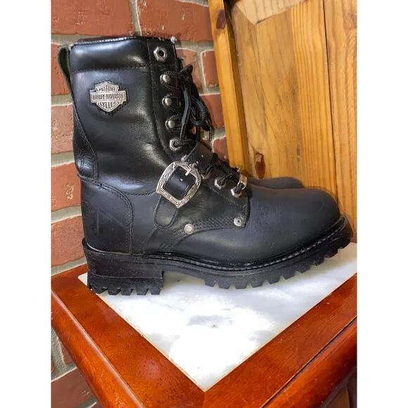 Harley Davidson Faded Glory Black Leather Moto Boots Vtg 1990s Style womens Sz 9
