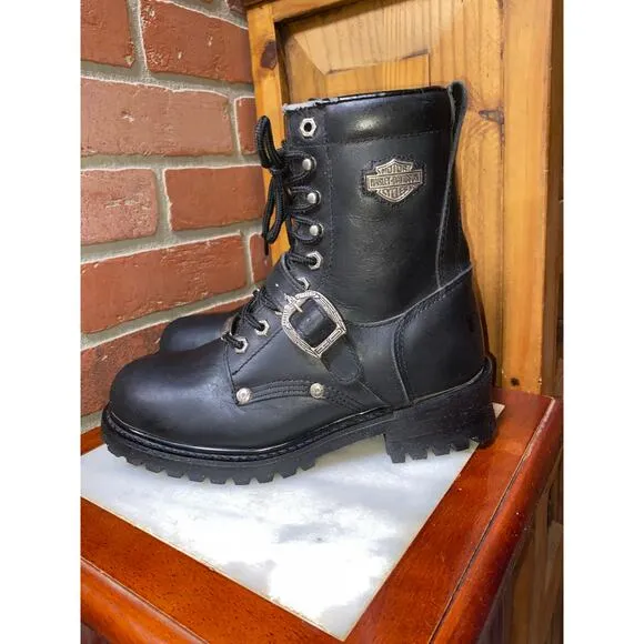 Harley Davidson Faded Glory Black Leather Moto Boots Vtg 1990s Style womens Sz 9