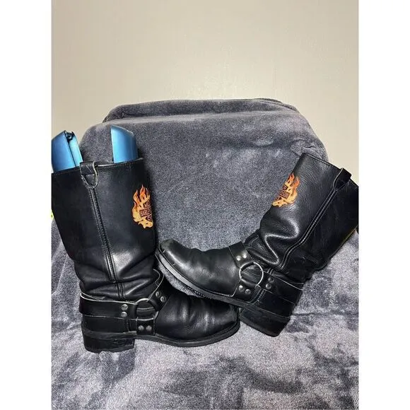 Harley Davidson Black Leather harness embroidered boots 10.5