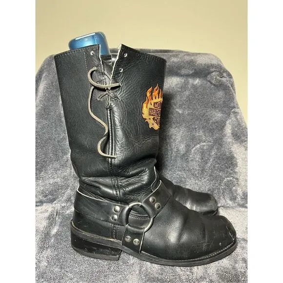 Harley Davidson Black Leather harness embroidered boots 10.5