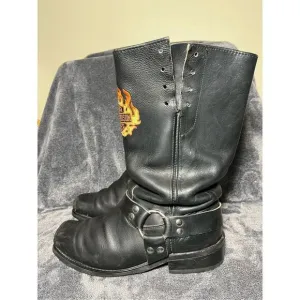 Harley Davidson Black Leather harness embroidered boots 10.5