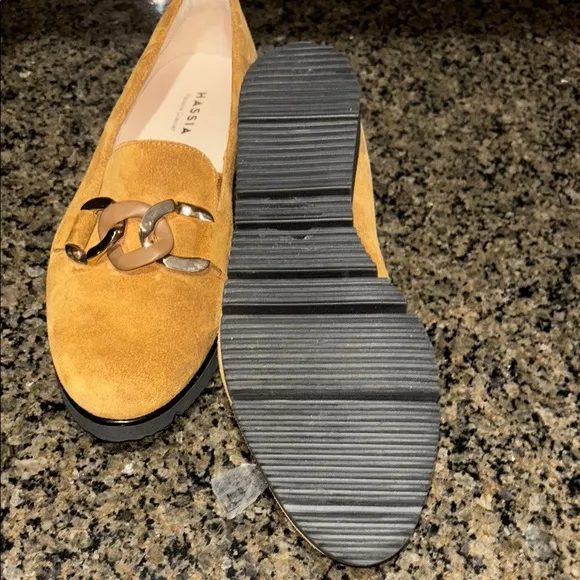 Hassia Mustard Suede Loafers with Gold Accent