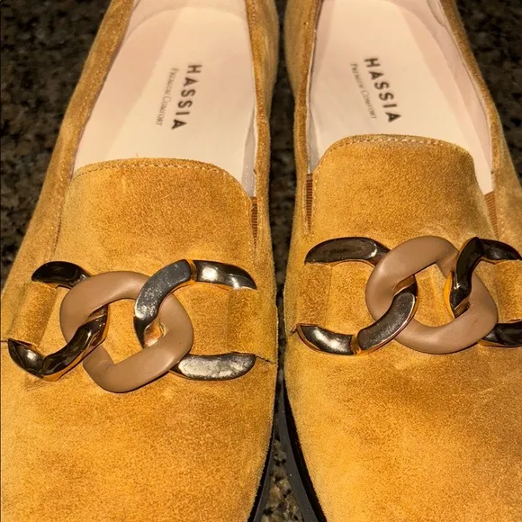 Hassia Mustard Suede Loafers with Gold Accent
