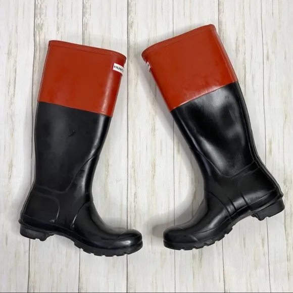 Hunter Orange Red and Black Color Block Rubber Rain Boots