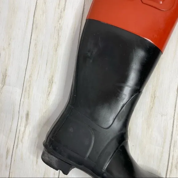 Hunter Orange Red and Black Color Block Rubber Rain Boots