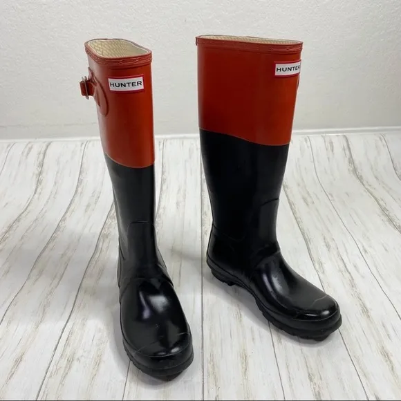 Hunter Orange Red and Black Color Block Rubber Rain Boots