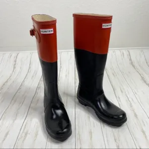 Hunter Orange Red and Black Color Block Rubber Rain Boots