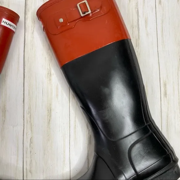 Hunter Orange Red and Black Color Block Rubber Rain Boots