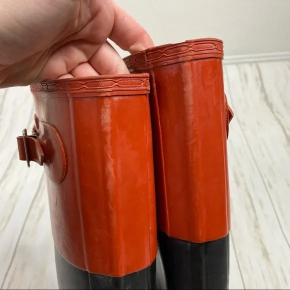 Hunter Orange Red and Black Color Block Rubber Rain Boots