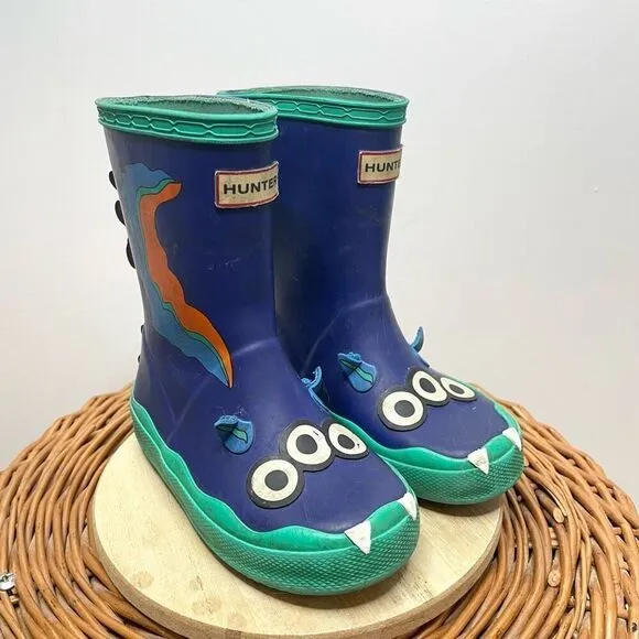 Hunter Sea Monster Rain Boots Blue Alien Blue Slip On Rubber Outdoor Kids Boy 8