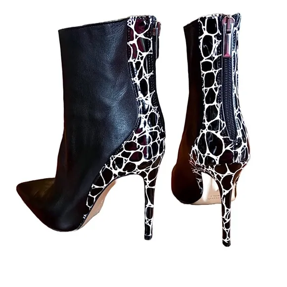 IDENTITA BLACK &amp; WHITE ANIMAL PRINT BACK &quot;CANDICE&quot; STILETTO HEEL BOOTS (37)