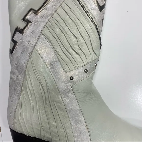 I.magnin Design Studio Leather Vintage White Embroidered Studs Boots NIB 8.5-9