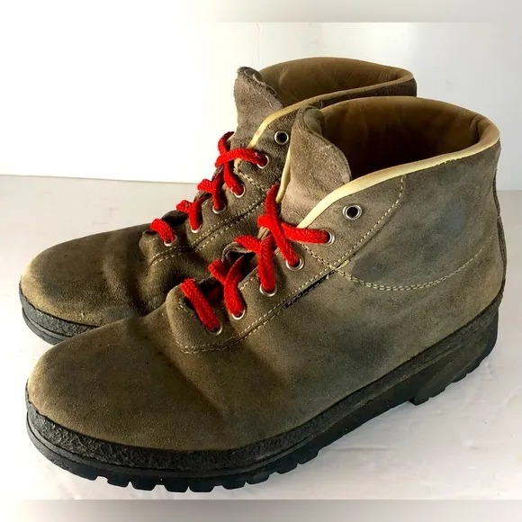 Itailian Brown Leather Hiking Boots, Red Laces. Size 10 Vibratom. Some Stains.