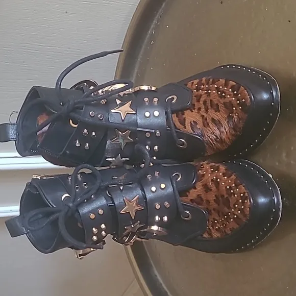 Ivy Kirzhner Steampunk Studded Ankle Boots Leopard Pointed Booties Sz 37/US 6.5