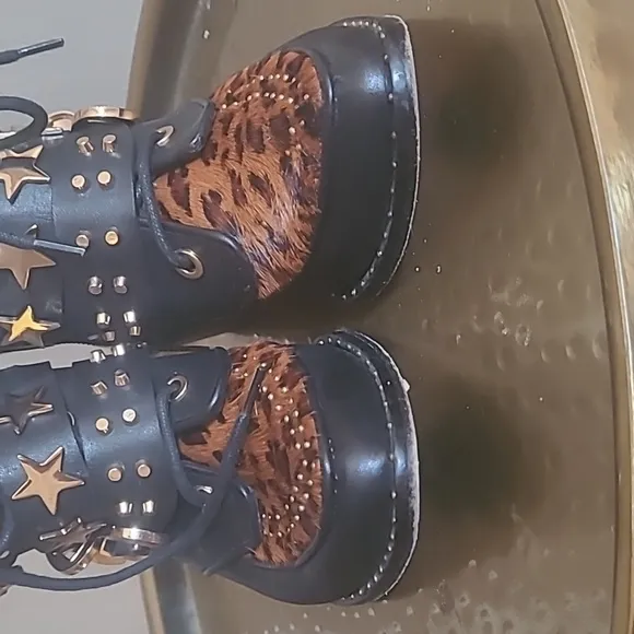 Ivy Kirzhner Steampunk Studded Ankle Boots Leopard Pointed Booties Sz 37/US 6.5