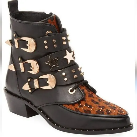 Ivy Kirzhner Steampunk Studded Ankle Boots Leopard Pointed Booties Sz 37/US 6.5