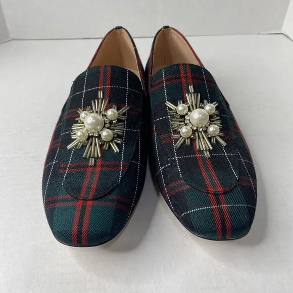 J crew Janie Tartan Plaid Pearl Embellished Loafers Sz 10 Shoes NEW Red Green
